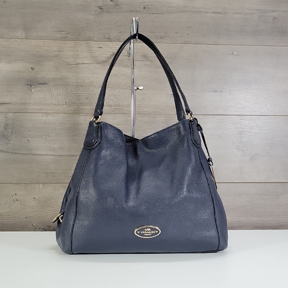 Coach Edie Navy Blue Pebble Leather Shoulder Tote 33547